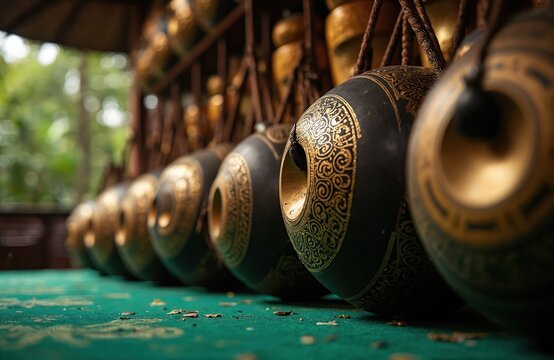 Traditional Javanese gamelan instruments with ornate gold patterns displayed on green carpet. Percussion gongs hang ready for performance. Cultural music ensemble waits to play.