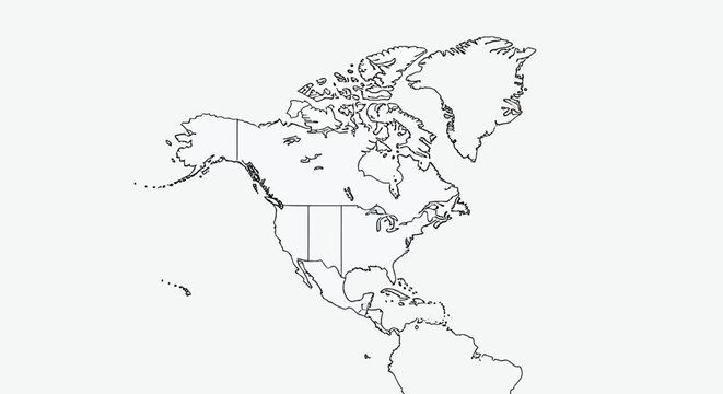 A detailed black and white outline map showing the geographical boundaries of North America, including Canada, the United States, Mexico, and parts of Central America.
