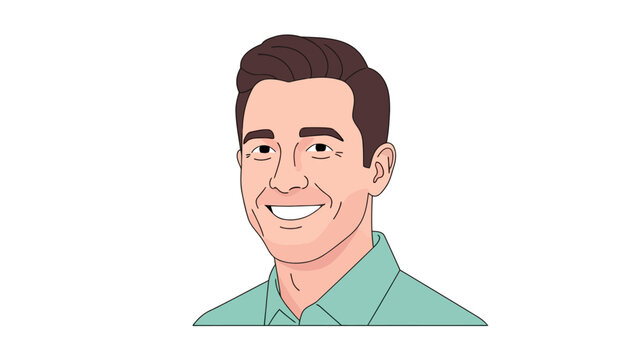 Pixel art portrait of a smiling man with brown hair and a teal shirt