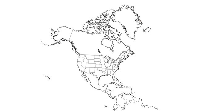 Outline map of North America showing countries and states in black and white.