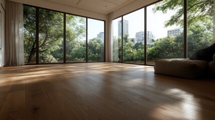 Obraz premium Spacious Luxury Penthouse With Glass Doors Opening To A Scenic City Skyline And Greenery