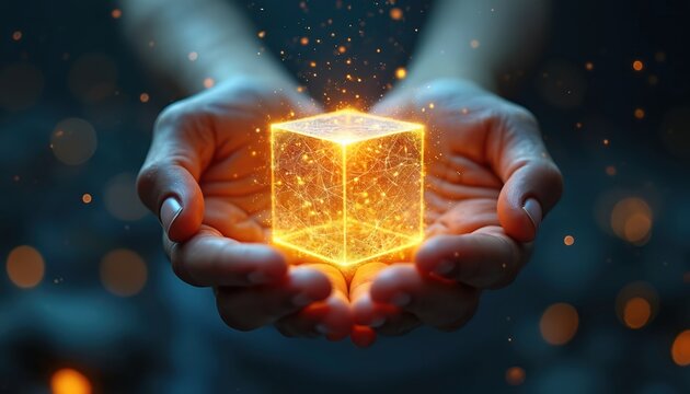 Hands hold glowing cube with bright network inside. Digital particles float around object. Future tech concept, artificial intelligence innovation, data science discovery. High level of creative