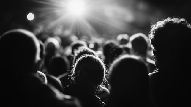 A mesmerizing black and white portrayal of a vast audience at a live concert or grand event, their silhouettes illuminated by a brilliant stage light, creating a powerful atmosphere of shared experien