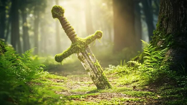 Enchanted Sword in the Mystic Woods: An ancient sword, its hilt and blade intertwined with nature's embrace, stands firm in the heart of a mystical forest, illuminated by a gentle, ethereal light. 