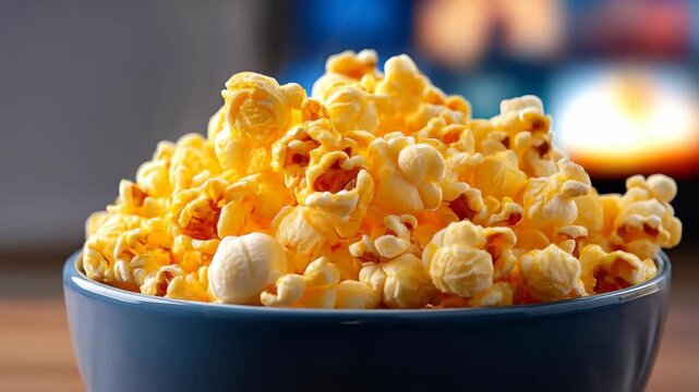 Popcorn Delight: A close-up view of a blue bowl overflowing with fresh, golden popcorn. Each kernel is perfectly popped, ready to be enjoyed.