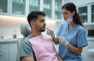 Obraz premium Man shows dentist tooth pain. Worried male patient points finger to aching cheek. Female doctor in uniform listens to complaints in clinic. Dental appointment for treatment.