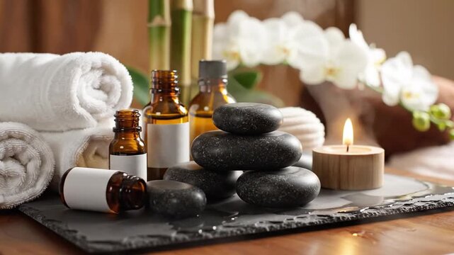 Spa essentials stone with candle, oil, and and towels.