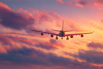 Obraz premium Plane flying in the sky during sunset with colorful clouds and orange light in the background