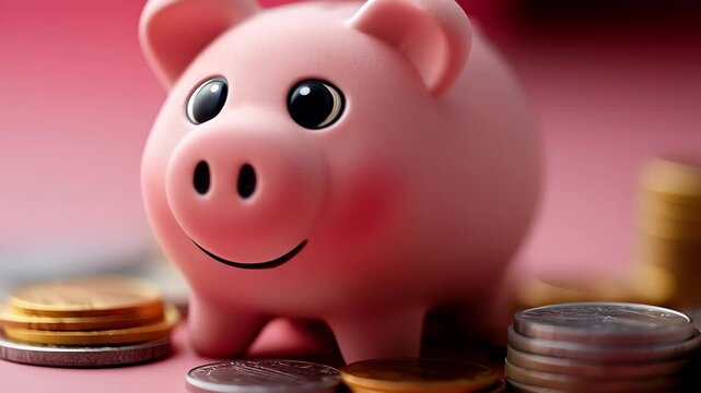 Saving for a Brighter Future: A charming piggy bank rests amidst a collection of shiny coins, symbolizing financial prudence and the pursuit of dreams.