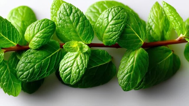 Mint Branch: A close-up shot of fresh green mint leaves, showcasing the vibrant texture and refreshing essence of this versatile herb.