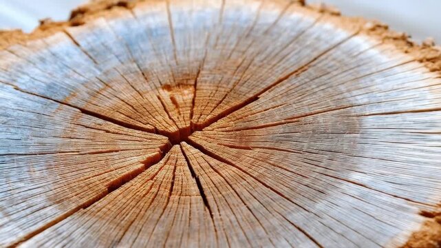 Wood's Story: A detailed image highlights the cross-section of a tree trunk, showcasing the intricate patterns of the annual rings and radiating cracks. Revealing the quiet power of nature