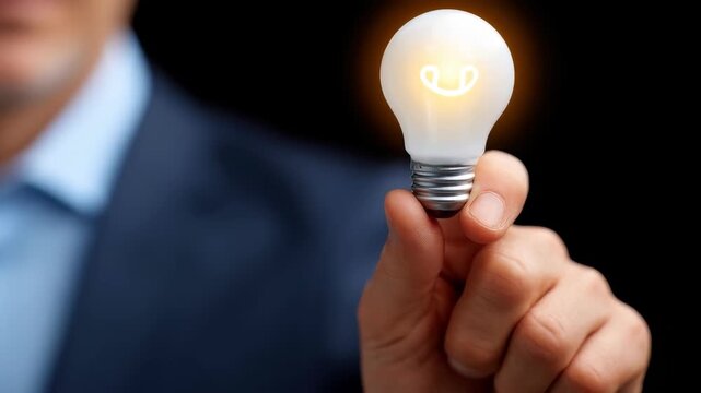 Illuminating Innovation: A poised figure in a sharp suit offers a glowing light bulb, representing creativity and a flash of ingenious concept.