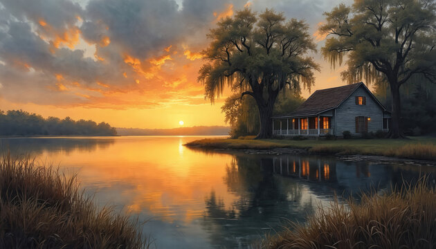 Serene lake at sunset with rustic house and large trees. Warm light reflects on calm water. Golden hour paints dramatic clouds over tranquil countryside scene.