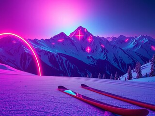 Gleaming skis trace neon arcs, silhouetted peaks pierce a vibrant, futuristic alpine glow,  extreme sports,  electric peaks