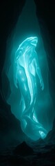 Ghostly giant drifts, ambient glow defines its regal form in abyss,  minimalist shadow,  deep lake dweller