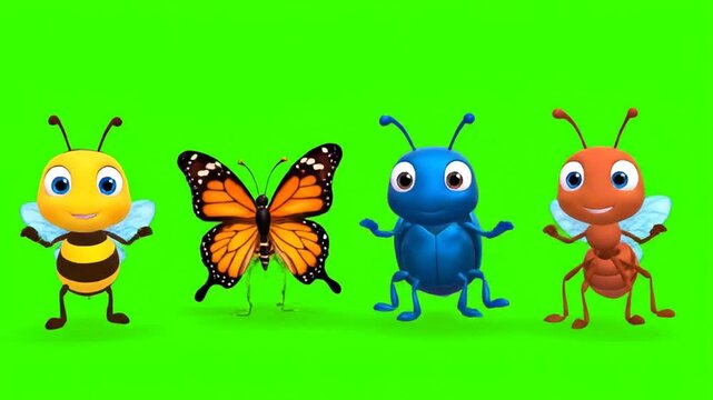 Cartoon insects and butterfly dancing green.