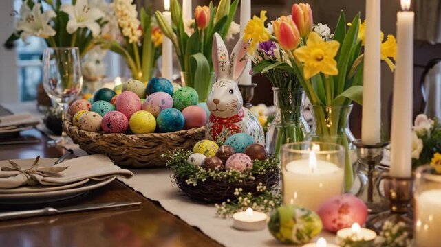 Easter dining table decorated with colorful eggs, flowers, and candles video