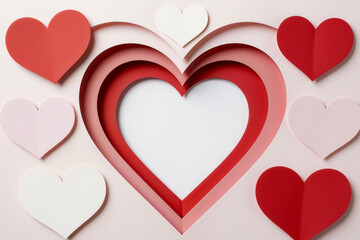 A romantic 3D layered paper-cut heart tunnel frame surrounded by red, pink, and white paper hearts on a pastel background. Minimalist design with central copy space for love and celebration.