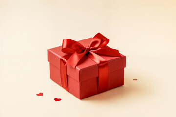 Obraz premium A high-end studio shot of a red gift box wrapped with a satin ribbon bow, accented by small heart confetti on a light cream background. Ideal for Valentine's Day or romantic celebrations.