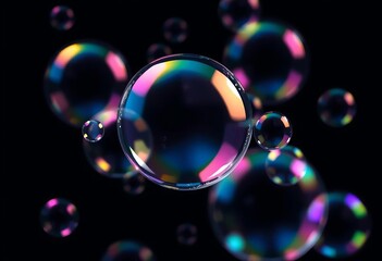 Shimmering iridescent soap bubbles against a dark background,  bubbles,  shadow