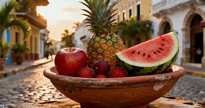 A vibrant bowl of tropical fruits including pineapple, watermelon, apple, and lychees sits on a cobblestone street in a sunlit historic town.