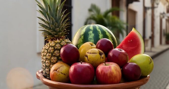A vibrant assortment of fresh tropical and temperate fruits displayed in a rustic bowl outdoors, featuring pineapple, watermelon, apples, and plums.