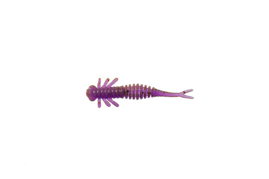 Purple and brown soft plastic insect larva lure for ultralight fishing isolated on white