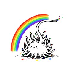 Naklejka premium Cartoon character with tentacles holding a paintbrush with rainbow colors next to a rainbow arc