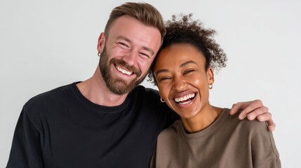 Fototapeta premium Shared Laughter: A portrait of an interracial couple, embracing each other in a genuine moment of joy. Their smiles reflect a deep connection, radiating warmth and happiness.