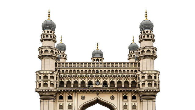 Charminar monument with four towers and domes isolated on a transparent background architecture Indian