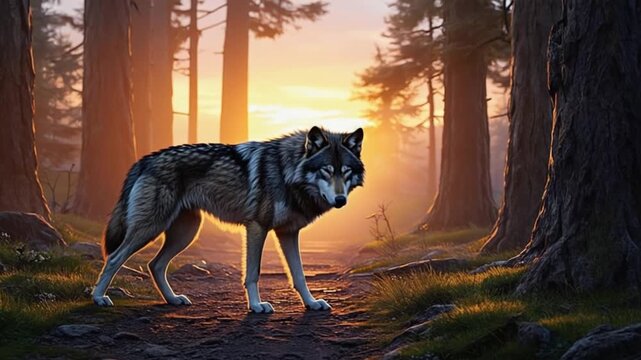 Wolf standing on a path in a forest at sunset with trees and a bright sky in the background wolf video