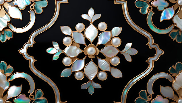 Korean mother-of-pearl patterns. Korean Lacquerware Pattern Design, featuring intricate Mother-of-Pearl Inlay on a rich black Lacquer background, crafted by traditional Korean Najeonchilgi artists