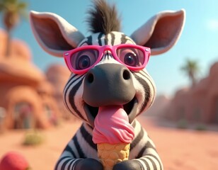 Fototapeta premium 3D cartoon zebra with pink sunglasses eats ice cream cone on sunny day. Animal has fun outdoors in desert landscape. Character enjoys sweet dessert and summer.