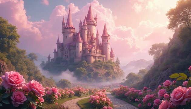 Fantasy pink castle on hill surrounded by rose garden and mountains. Soft pastel clouds fill the sky. Gentle path winds through blooming flowers and green trees. Fairytale scene with mist.