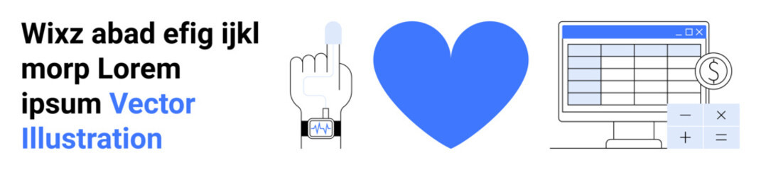 Wearable tech, healthcare, finance, data organization, tech innovation, digital interface. Finger with smartwatch, blue heart spreadsheet with calculator. Wearable tech and healthcare innovation