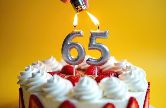 Candles shaped like number 65 burn atop a festive cake decorated with strawberries and cream. A lighter ignites the wicks, marking a special jubilee or anniversary event.