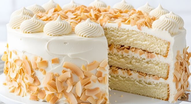 A delicious white cake with toasted coconut flakes and whipped cream frosting, sliced to reveal its layered interior