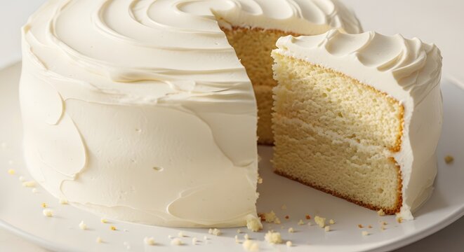 A delicious white cake with white frosting on a white plate, with a slice cut out to reveal the fluffy interior.