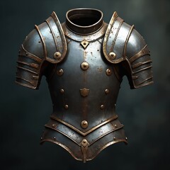 Fototapeta premium Medieval steel chestplate armor with bronze rivets. Designed for protection in battle, this historical piece showcases craftsmanship. Ideal for fantasy games or historical reenactments.