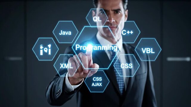 Man in dark suit touching a blue glowing programming interface with icons.