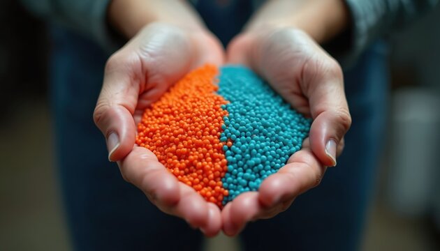 Hands hold small plastic pellets. Orange and blue beads are divided in palms. Raw material for manufacturing goods. Industrial polymer concept.