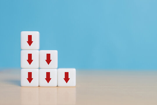 Business decline, performance decrease arrow drop down. Market loss concept diagram in arrow chart dice.