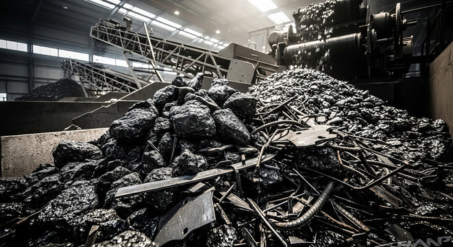 Industrial scene showcasing processed steel and slag in a factory environment with dramatic lighting representing the iron industry