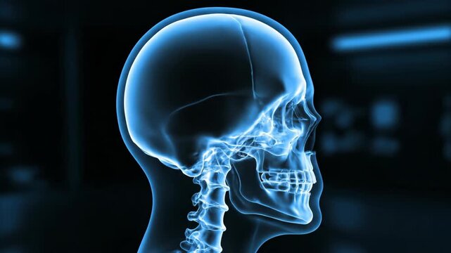 3D X-Ray Visualization of Human Skull Anatomy in Translucent Blue