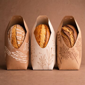 Bread loaves in packaging, warm neutral tones, with space for text