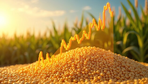 Pile of soybeans with upward trending financial graph overlay, corn field background at sunset. Agricultural market growth and trading concept illustration.