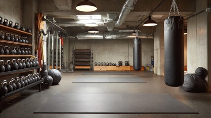 Obraz premium Gym with kettlebells, dumbbells, and punching bag