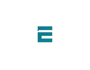 A teal-colored "E" made of geometric shapes, simple design. White background, bold letter, minimalist, modern, professional