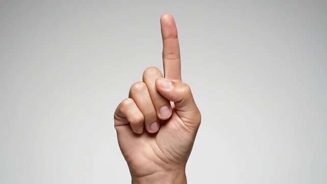 A clean, high-key studio close-up captures a human hand pointing its index finger straight up, clearly symbolizing the number one or priority on a neutral gray background.