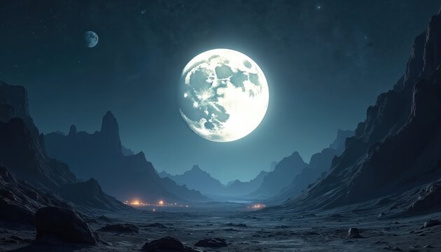 Vast alien planet landscape under huge glowing moon. Rocky mountains rise around plains with distant glowing settlements. Dark starry night sky with small moon visible.